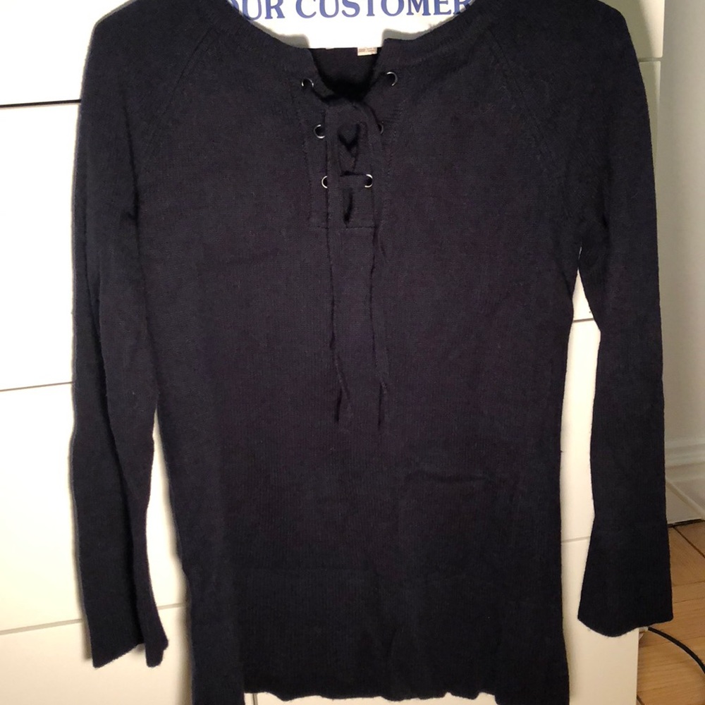 Ann Taylor LOFT navy blue lace up sweater
